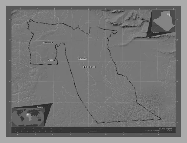 Oued Province Algérie Carte Altitude Bilevel Avec Lacs Rivières Emplacements — Photo