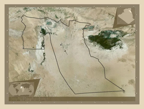 阿尔及利亚省El Oued 高分辨率卫星地图 该区域主要城市的所在地点 角辅助位置图 — 图库照片