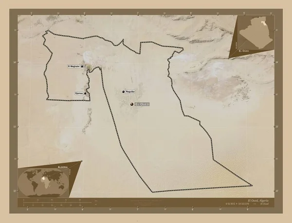 阿尔及利亚省El Oued 低分辨率卫星地图 该区域主要城市的地点和名称 角辅助位置图 — 图库照片