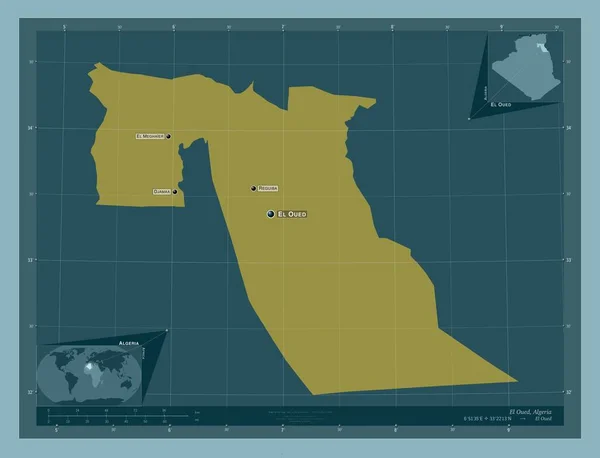 阿尔及利亚省El Oued 固体的颜色形状 该区域主要城市的地点和名称 角辅助位置图 — 图库照片