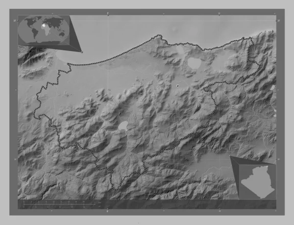 Tarf Provinsen Algeriet Grayscale Höjdkarta Med Sjöar Och Floder Hjälpkartor — Stockfoto