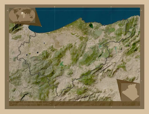 アルジェリアのエル タルフ州 低解像度衛星地図 地域の主要都市の場所 コーナー補助位置図 — ストック写真