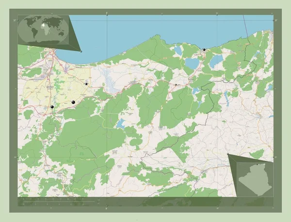 アルジェリアのエル タルフ州 ストリートマップを開く 地域の主要都市の場所 コーナー補助位置図 — ストック写真