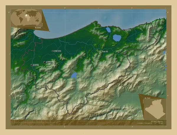 Tarf Provincia Argelia Mapa Elevación Colores Con Lagos Ríos Ubicaciones —  Fotos de Stock