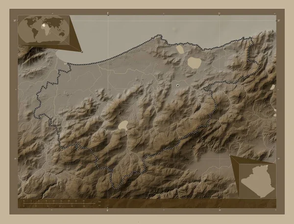 Tarf Επαρχία Αλγερίας Υψόμετρο Χάρτη Χρωματισμένο Τόνους Σέπια Λίμνες Και — Φωτογραφία Αρχείου