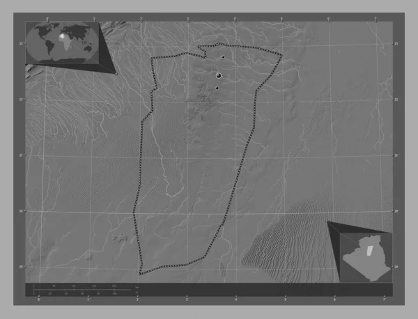 阿尔及利亚Ghardaia省 带湖泊和河流的比尔维尔高程图 该区域主要城市的所在地点 角辅助位置图 — 图库照片