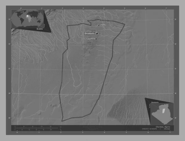 Ghardaia Provincie Algerije Hoogteplattegrond Met Meren Rivieren Locaties Namen Van — Stockfoto