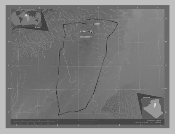 アルジェリアのグルダーイア州 湖や川とグレースケールの標高マップ 地域の主要都市の位置と名前 コーナー補助位置図 — ストック写真