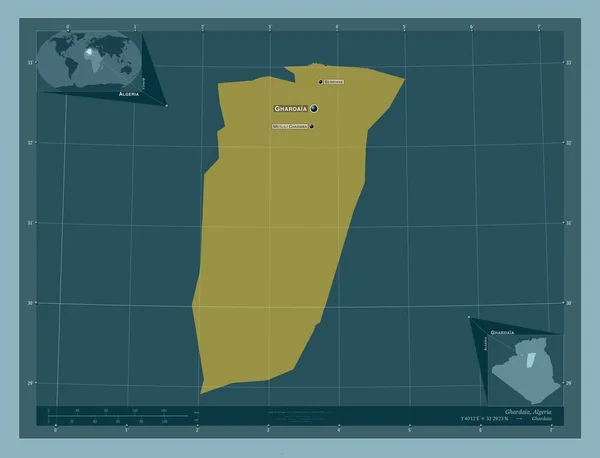 阿尔及利亚Ghardaia省 固体的颜色形状 该区域主要城市的地点和名称 角辅助位置图 — 图库照片