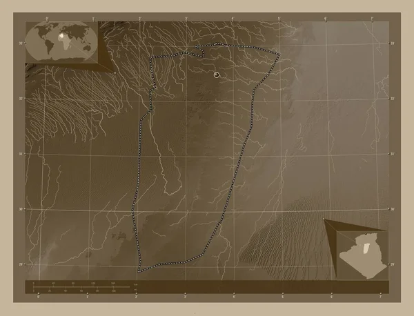 Ghardaia Prowincja Algieria Mapa Elewacji Kolorowe Sepia Dźwięki Jeziorami Rzekami — Zdjęcie stockowe