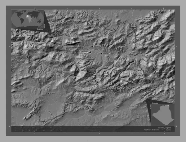 Guelma Province Algeria Bilevel Elevation Map Lakes Rivers Locations Names — Stock Photo, Image