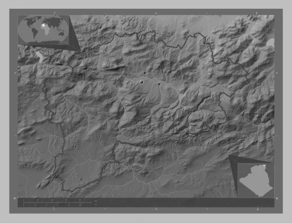 アルジェリアのゲルマ州 湖や川とグレースケールの標高マップ 地域の主要都市の場所 コーナー補助位置図 — ストック写真