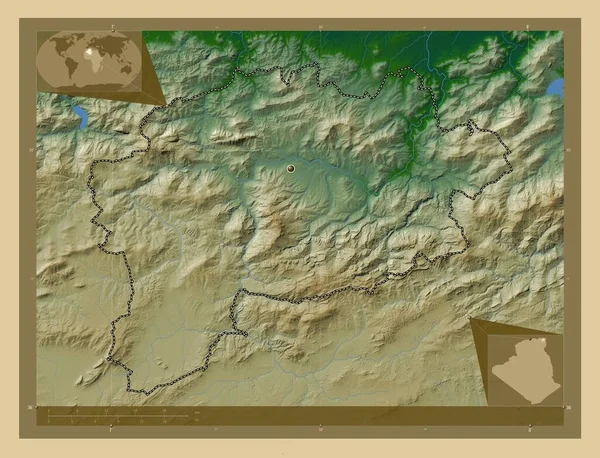 Guelma Provincie Algerije Gekleurde Hoogtekaart Met Meren Rivieren Hulplocatiekaarten Hoek — Stockfoto