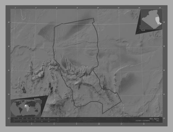 Illizi Provincia Argelia Mapa Elevación Bilevel Con Lagos Ríos Ubicaciones — Foto de Stock