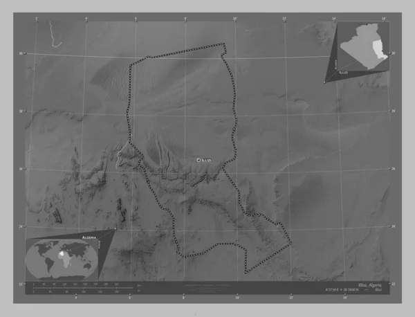 アルジェリアのイリジ県 湖や川とグレースケールの標高マップ 地域の主要都市の位置と名前 コーナー補助位置図 — ストック写真