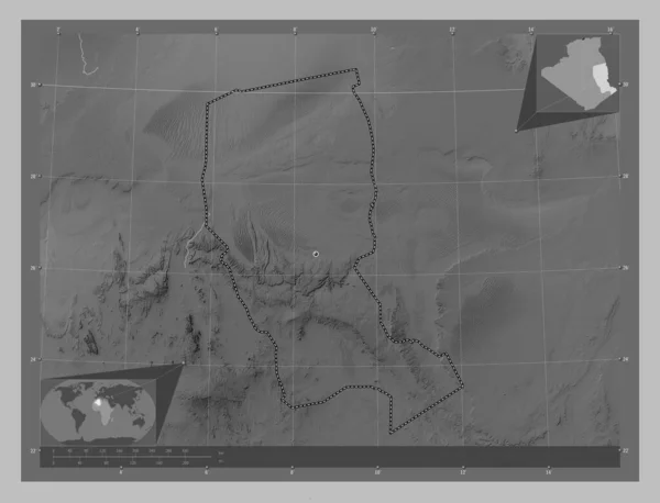 Illizi Provincia Argelia Mapa Elevación Escala Grises Con Lagos Ríos —  Fotos de Stock