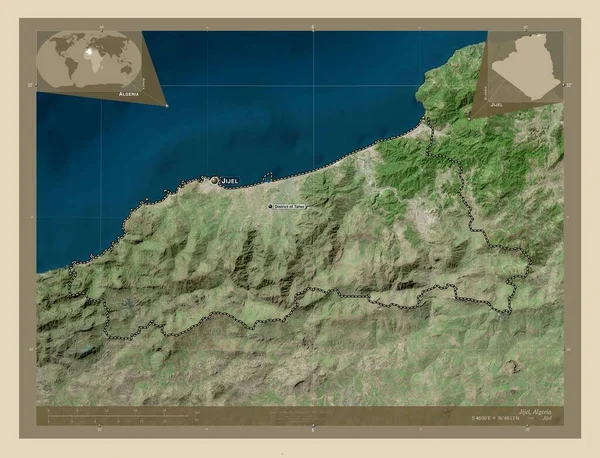 アルジェリアのジェル県 高解像度衛星地図 地域の主要都市の位置と名前 コーナー補助位置図 — ストック写真