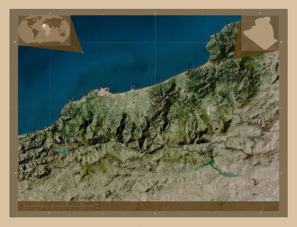 アルジェリアのジェル県 低解像度衛星地図 地域の主要都市の場所 コーナー補助位置図 — ストック写真
