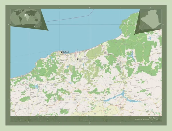 阿尔及利亚Jijel省 开放街道地图 该区域主要城市的地点和名称 角辅助位置图 — 图库照片