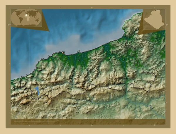 Jijel Prowincja Algierii Kolorowa Mapa Wzniesień Jeziorami Rzekami Lokalizacje Dużych — Zdjęcie stockowe