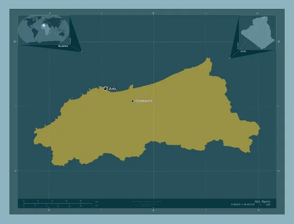 阿尔及利亚Jijel省 固体的颜色形状 该区域主要城市的地点和名称 角辅助位置图 — 图库照片