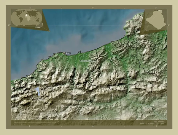 アルジェリアのジェル県 湖や川とWikiスタイルで着色された標高マップ 地域の主要都市の位置と名前 コーナー補助位置図 — ストック写真