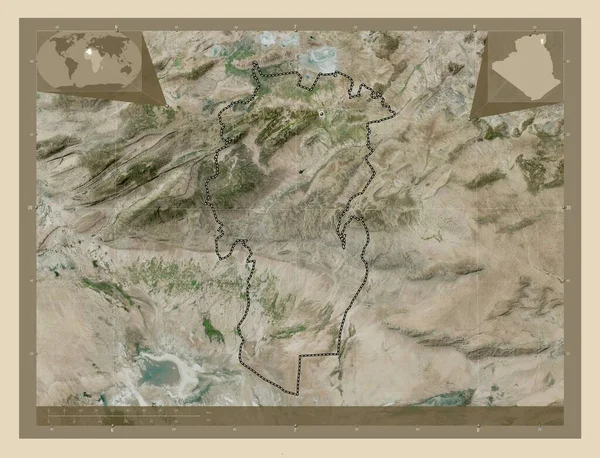 Khenchela 阿尔及利亚省 高分辨率卫星地图 该区域主要城市的所在地点 角辅助位置图 — 图库照片