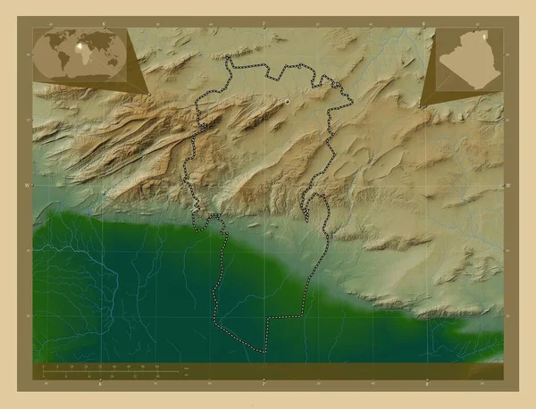 アルジェリアのケンチェラ州 湖や川と色の標高マップ 地域の主要都市の場所 コーナー補助位置図 — ストック写真