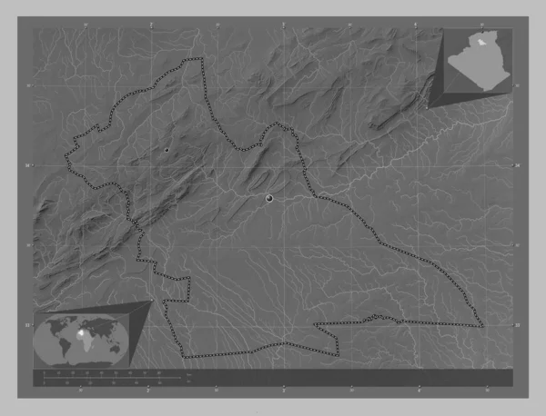 Laghouat Provincie Algerije Grayscale Hoogte Kaart Met Meren Rivieren Locaties — Stockfoto