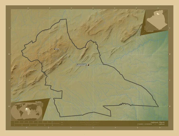 アルジェリアのラグハウス県 湖や川と色の標高マップ 地域の主要都市の位置と名前 コーナー補助位置図 — ストック写真