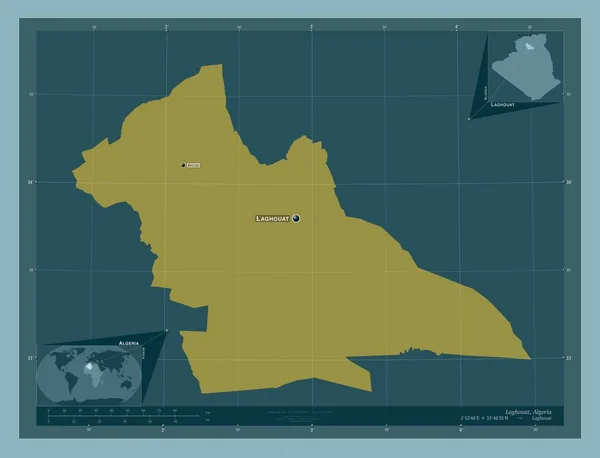 阿尔及利亚省Laghouat 固体的颜色形状 该区域主要城市的地点和名称 角辅助位置图 — 图库照片