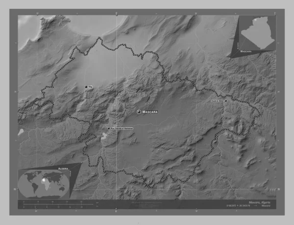 阿尔及利亚的马斯喀拉省 带有湖泊和河流的灰度高程图 该区域主要城市的地点和名称 角辅助位置图 — 图库照片