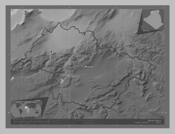 Mascara Provincie Algerije Grayscale Hoogte Kaart Met Meren Rivieren Locaties — Stockfoto