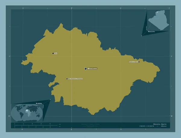 アルジェリアのマスカラ州 しっかりした色の形 地域の主要都市の位置と名前 コーナー補助位置図 — ストック写真