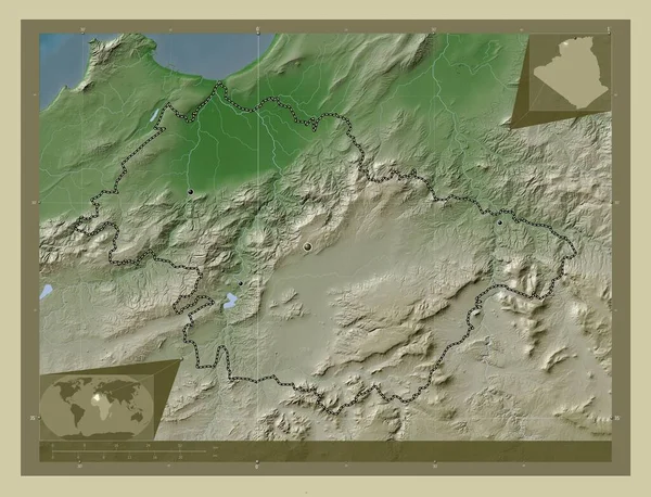 Řasenka Provincie Alžírsko Zdvihová Mapa Zbarvená Stylu Wiki Jezery Řekami — Stock fotografie