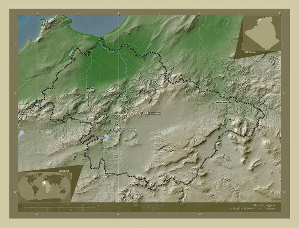 Mascara Cezayir Eyaleti Yükseklik Haritası Göller Nehirlerle Wiki Tarzında Renklendirilmiş — Stok fotoğraf