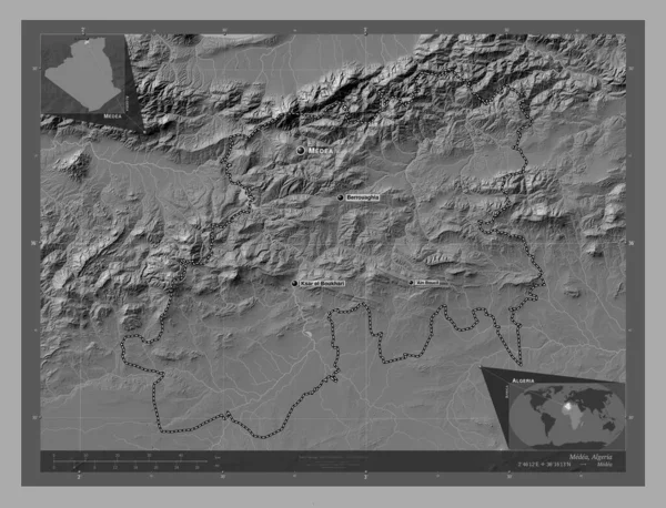 Μήδεια Επαρχία Αλγερίας Bilevel Υψομετρικός Χάρτης Λίμνες Και Ποτάμια Τοποθεσίες — Φωτογραφία Αρχείου