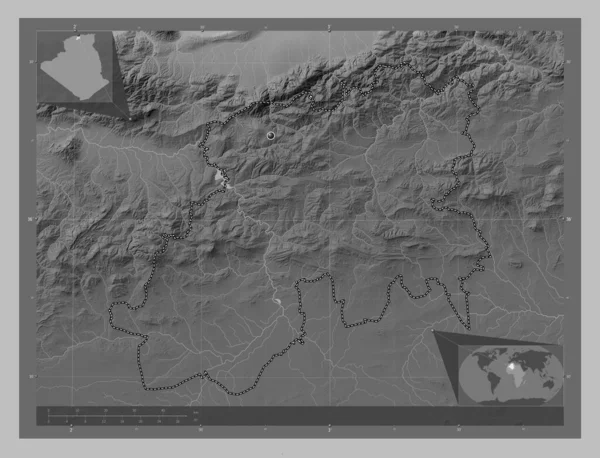 Medea Prowincja Algieria Mapa Wzniesień Skali Szarości Jeziorami Rzekami Pomocnicze — Zdjęcie stockowe