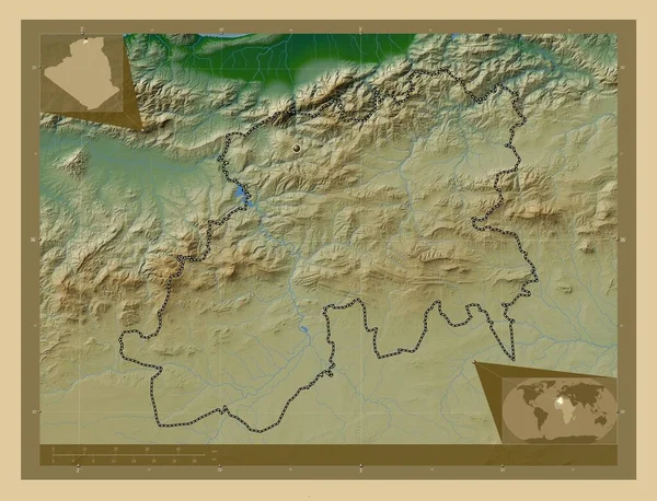 Medea 阿尔及利亚省 有湖泊和河流的彩色高程图 角辅助位置图 — 图库照片