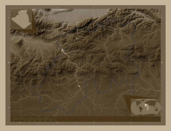 Medea Prowincja Algieria Mapa Elewacji Kolorowe Sepia Dźwięki Jeziorami Rzekami — Zdjęcie stockowe