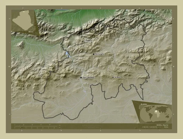 Medea 阿尔及利亚省 用Wiki风格绘制的带有湖泊和河流的高程地图 该区域主要城市的地点和名称 角辅助位置图 — 图库照片