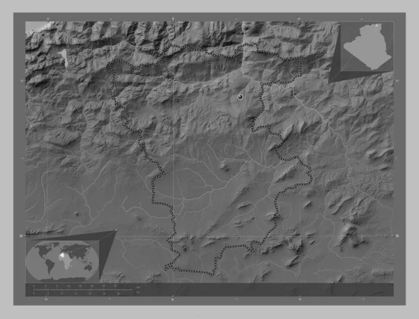 Mila Province Algeria Grayscale Elevation Map Lakes Rivers Corner Auxiliary — Stock Photo, Image