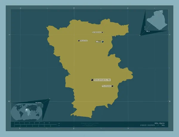 アルジェリアのミラ県 しっかりした色の形 地域の主要都市の位置と名前 コーナー補助位置図 — ストック写真