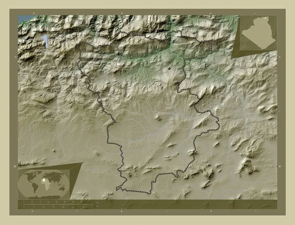 Mila Provincie Alžírsko Zdvihová Mapa Zbarvená Stylu Wiki Jezery Řekami — Stock fotografie
