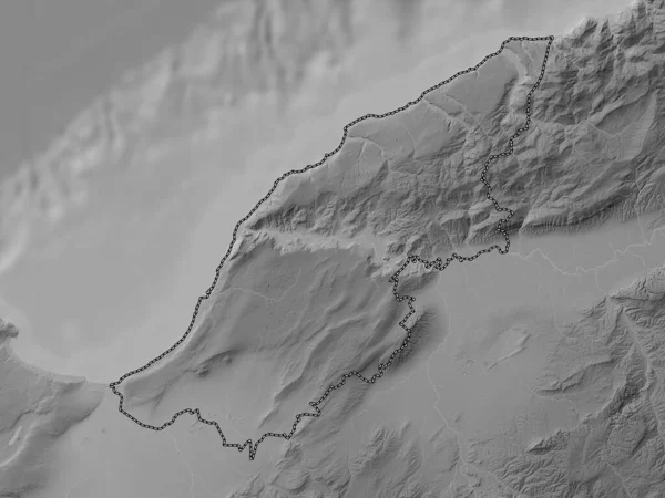 アルジェリアのモスタガネム州 湖や川とグレースケール標高マップ — ストック写真