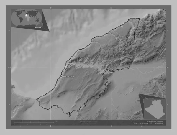 Mostaganem Provinz Algerien Graustufen Höhenkarte Mit Seen Und Flüssen Orte — Stockfoto
