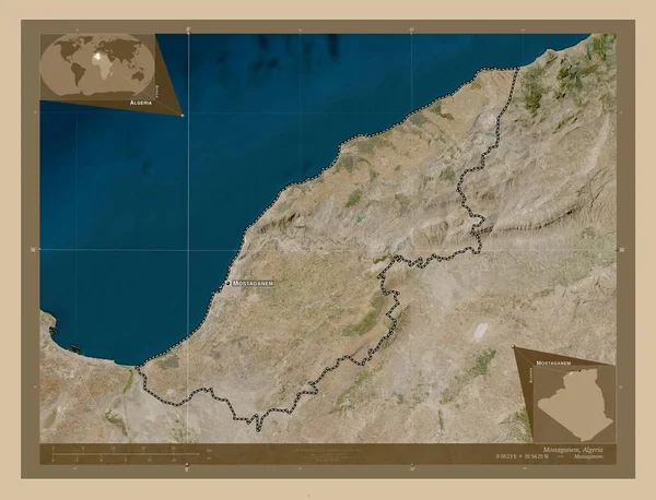 Mostaganem 阿尔及利亚省 低分辨率卫星地图 该区域主要城市的地点和名称 角辅助位置图 — 图库照片