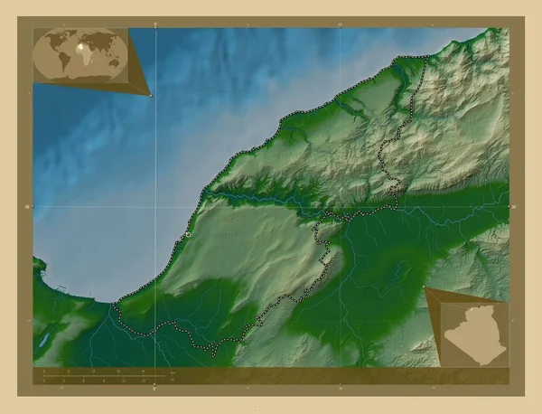 Mostaganem Prowincja Algieria Kolorowa Mapa Wzniesień Jeziorami Rzekami Pomocnicze Mapy — Zdjęcie stockowe