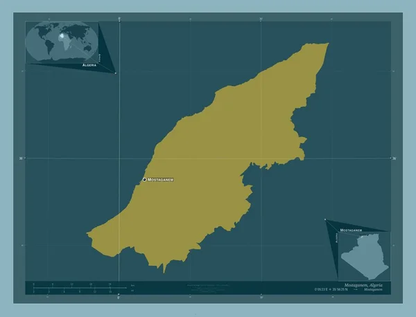 Mostaganem 阿尔及利亚省 固体的颜色形状 该区域主要城市的地点和名称 角辅助位置图 — 图库照片
