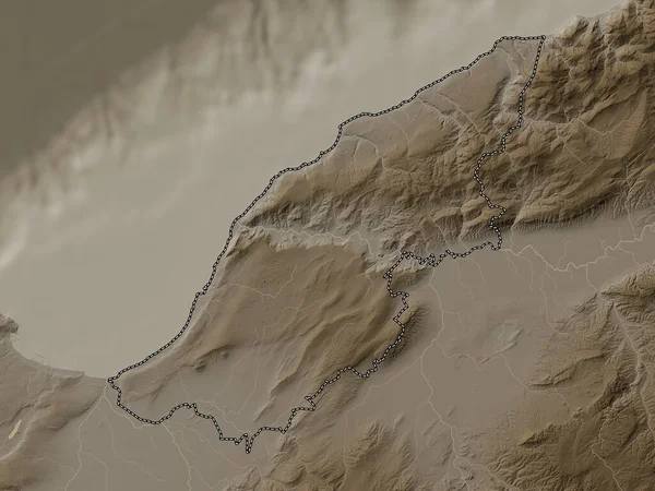 Mostaganem Provincia Argelia Mapa Elevación Coloreado Tonos Sepia Con Lagos — Foto de Stock